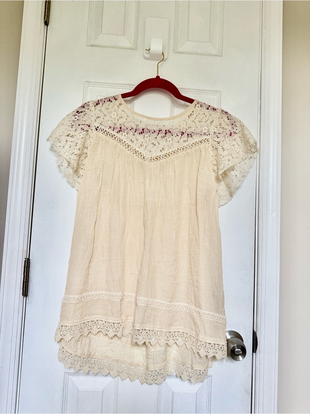 Areve Cream Lace Accent Boho Blouse